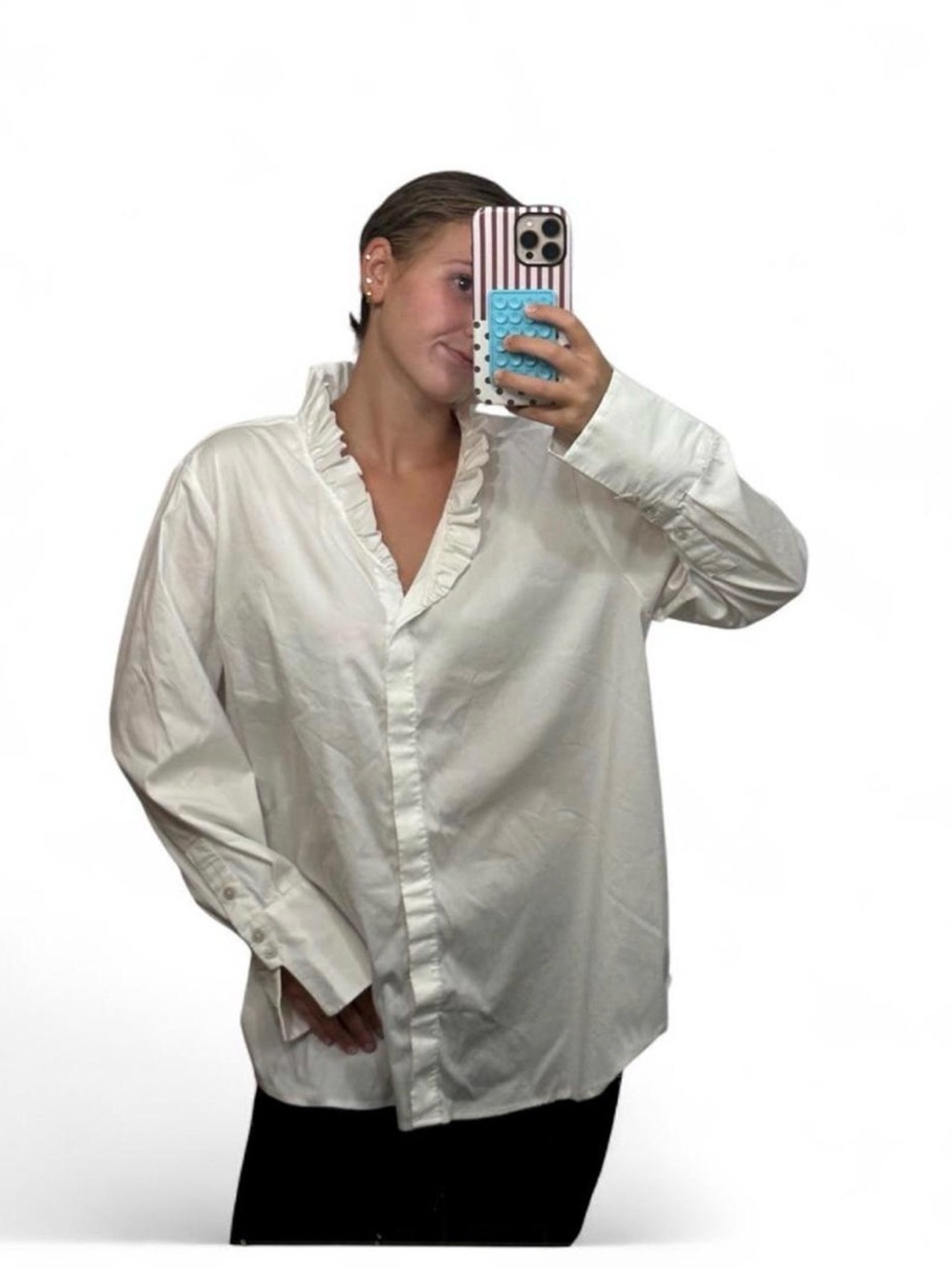 Chico's Women’s Plus Size 16/18 White Ruffle-Trim Button-Down Dress Shirt